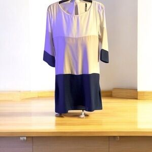 Lulu's Navy Blue, Cream & Tan ColorBlock Sheath Dress 3/4 Sleeve